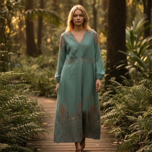 Made with Love Dresses & Skirts - Bohemian Embroidered V Neck Maxi Dress Teal‎ Long Sleeve Flowy Resortwear XL